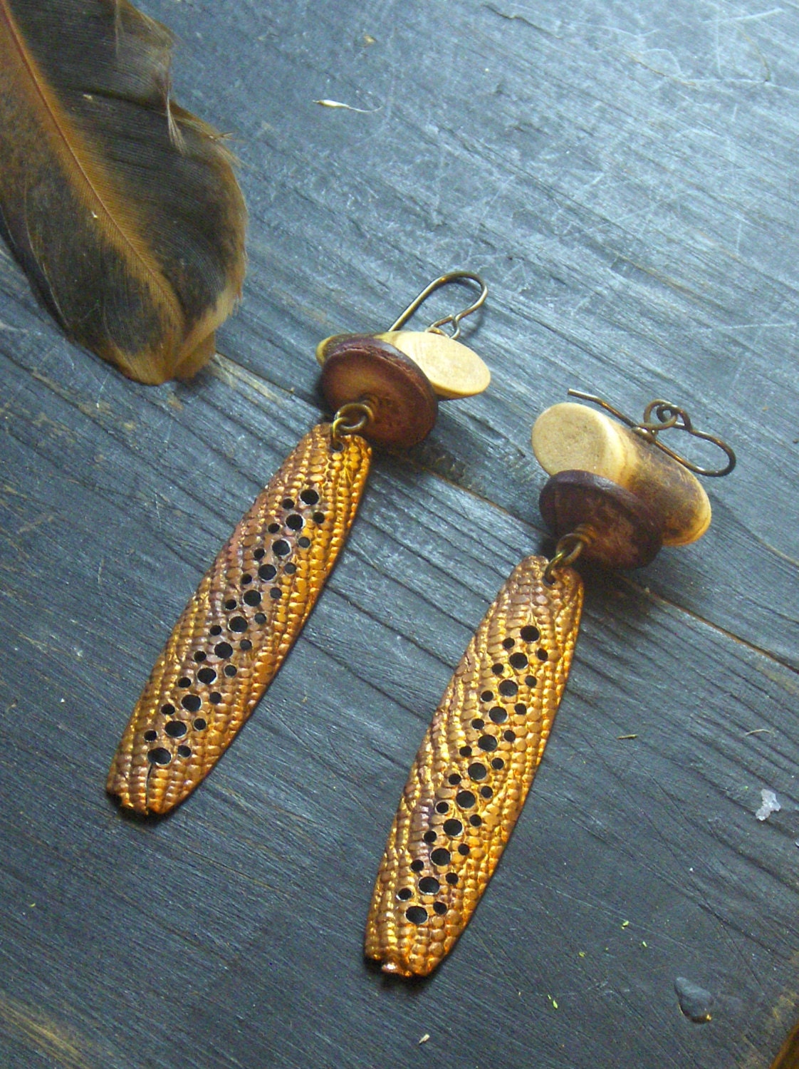 UNDER THE EARTH. Rustic wing like copper, ceramic & wood earrings