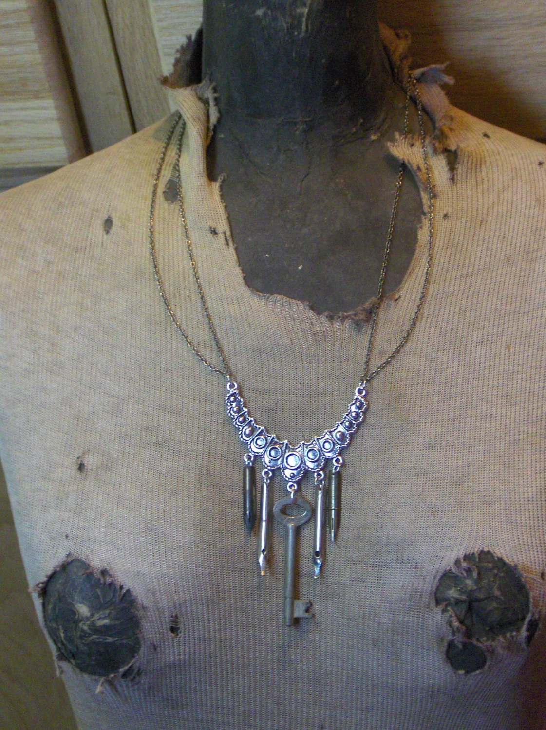 THE ARCHIVIST. Antique skeleton key, vintage pen nibs and  antiqued silvertone Victorian style bib statement necklace. Ooak