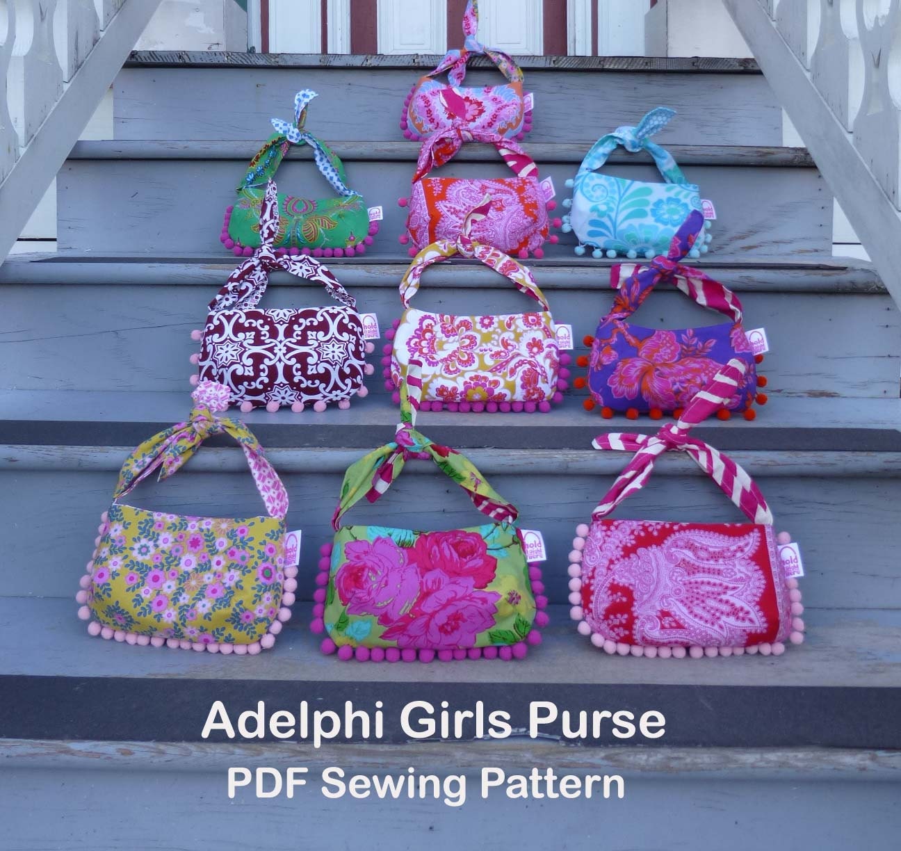 PDF PATTERN - Adelphi Girls Purse - Knotted Tie Strap - Pom Pom Fringe - Magnetic Snap Closure