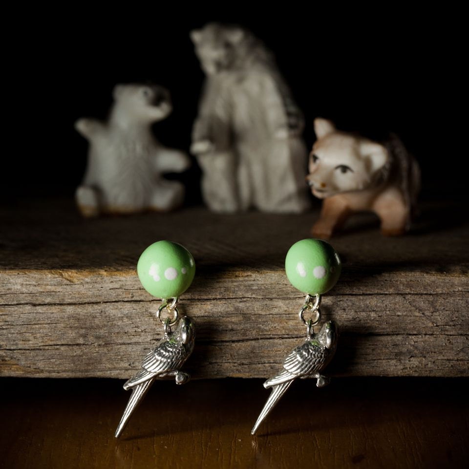 Earrings - Mint Green Polymer Clay Studs with Pewter Parrot Charms - Posts - Only Pair