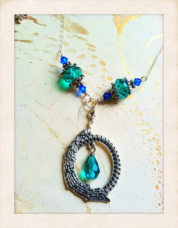 Silver Peacock Necklace Teal Art Nouveau by MinouBazaar
