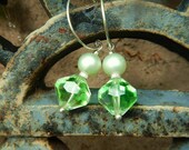 Green Envy Earrings -- One-of-a-Kind Super-Chic, w Vintage Green Glass, Vintage Glass Pearls, Sterling Accents & Handmade Sterling Hoops