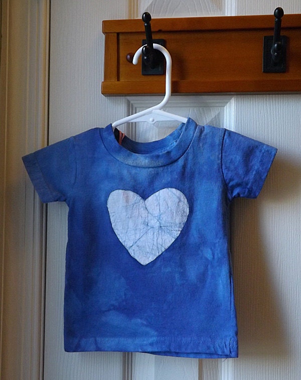 Baby T-Shirt: Blue with Batik Heart, Short Sleeves (6 months) Ready to Ship