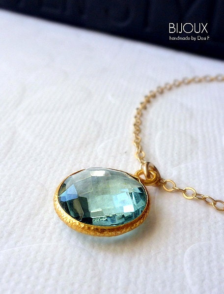Aquamarine Blue Quartz Bezel Set Pendant Necklace - 14K Goldfilled ....LIMITED EDITION