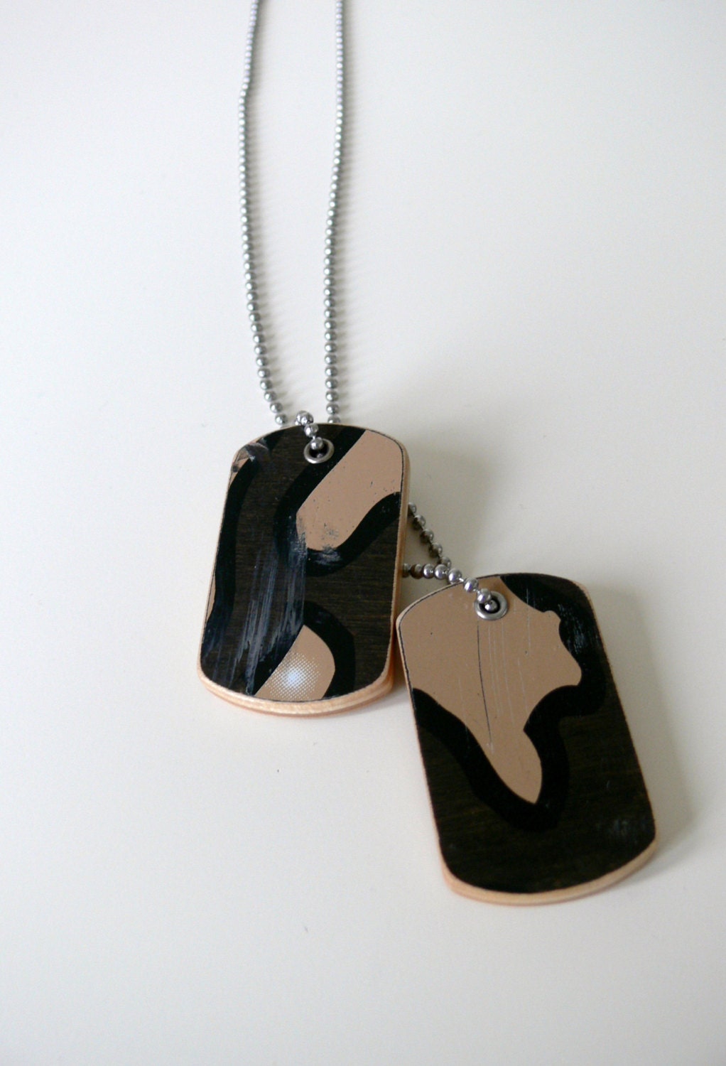 Recycled Skateboard Army Light Brown Graphic on Dark Brown Maple Wooden Dog Tags