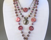 Long Pink Necklace Multistrand  Glass Mother of Pearl Hat Pendant Summer Beautiful