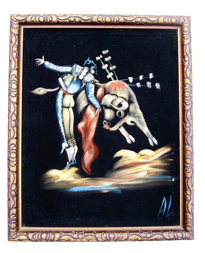 Matador Bullfighter Framed Velvet Painting Signed AL