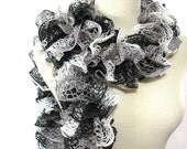 Mothers Day Hand Knit Ruffle Scarf Black Gray White