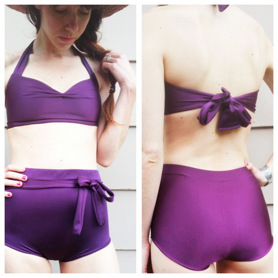 High Waisted Bathing Suit Shown in Shiny Plum
