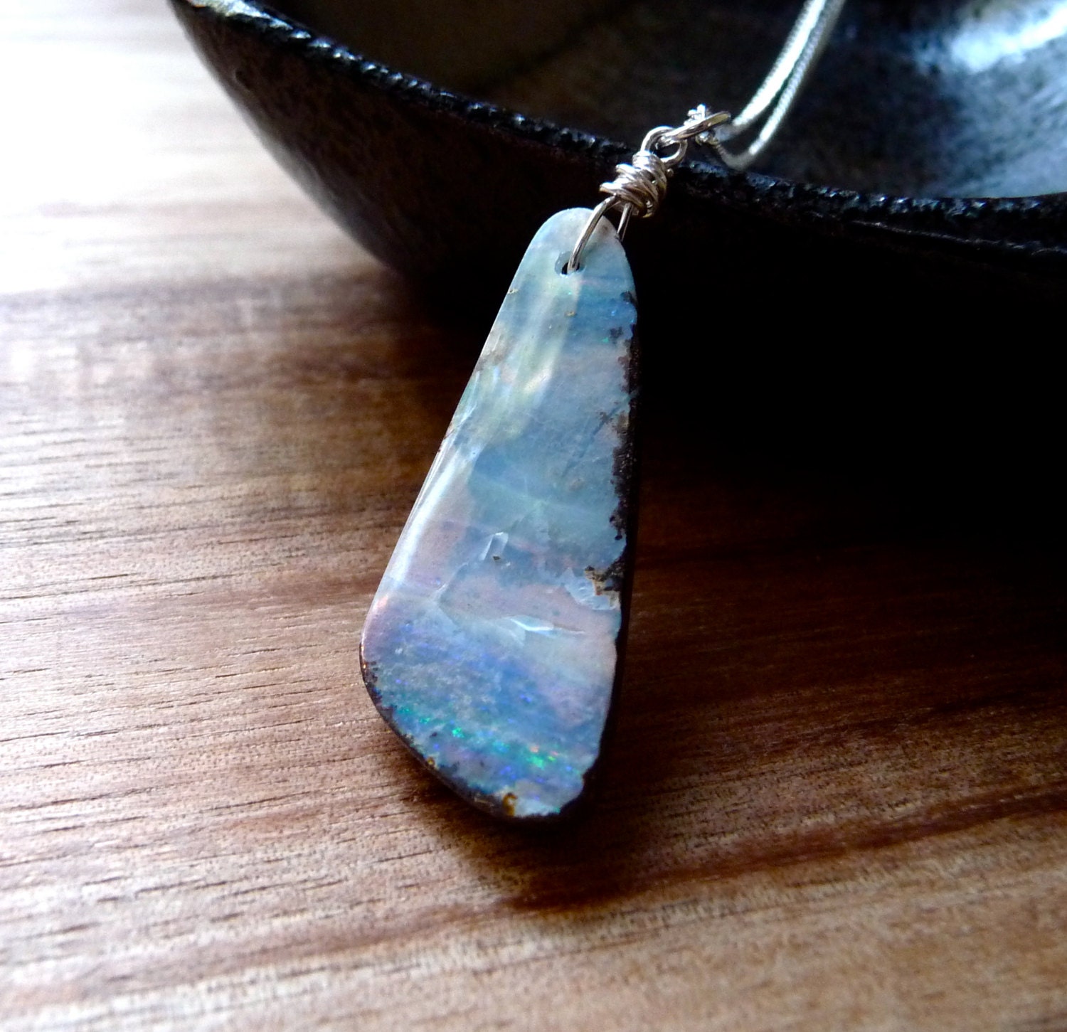 Boulder Opal Necklace, Sterling Silver Chain Necklace Pendant, October Birthstone, Iridescent Pale Pastel Blue Green Pink