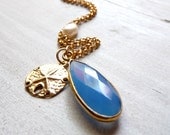 Sand Dollar Necklace, Blue Chalcedony Bezel Necklace, White Fresh Water Pearl, Gold Filled Charm Necklace, Summer Jewelry