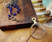 Vintage Frosted Optical Lens & Cobalt Blue Crystal Rosary Necklace