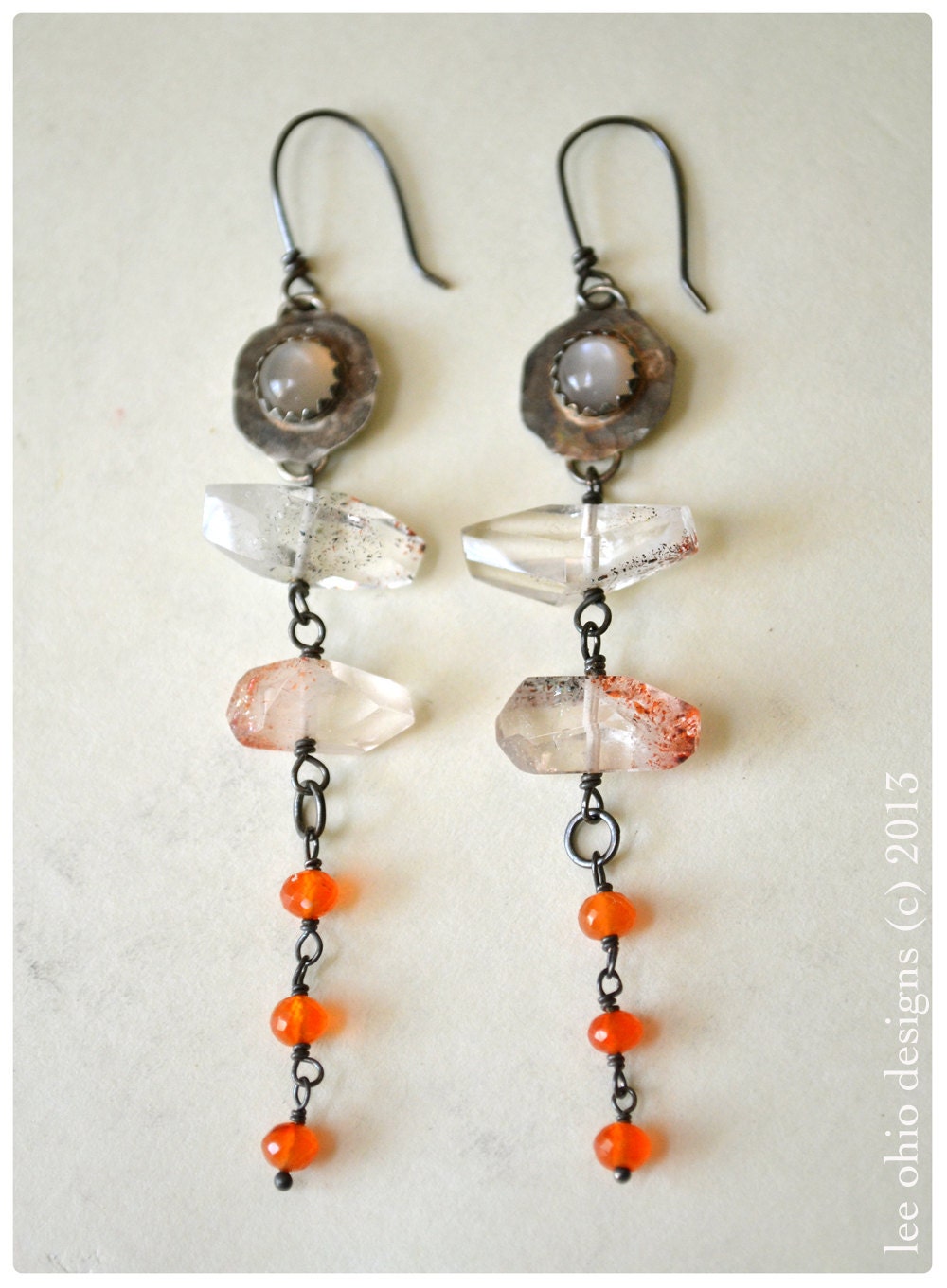 Tribal earring set, Long earrings, Red Raspberry quartz orange carnelian, Moonstone Boho ancient earrings, Basseterre