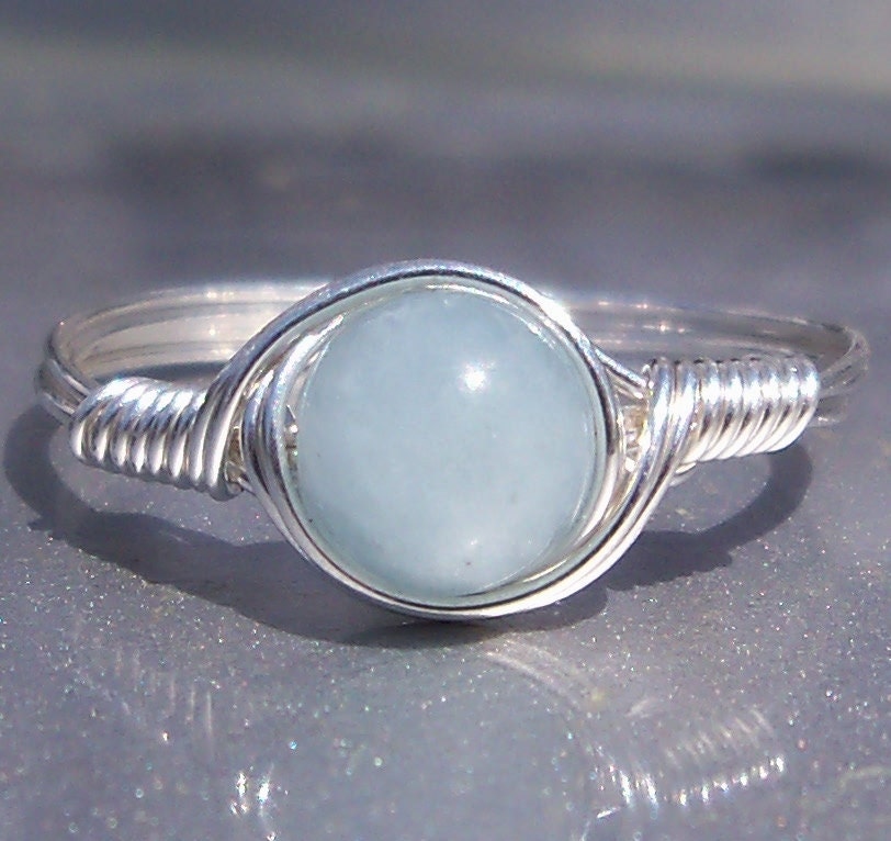 AAA Aquamarine Argentium Sterling Silver Wire Wrapped Gemstone Ring