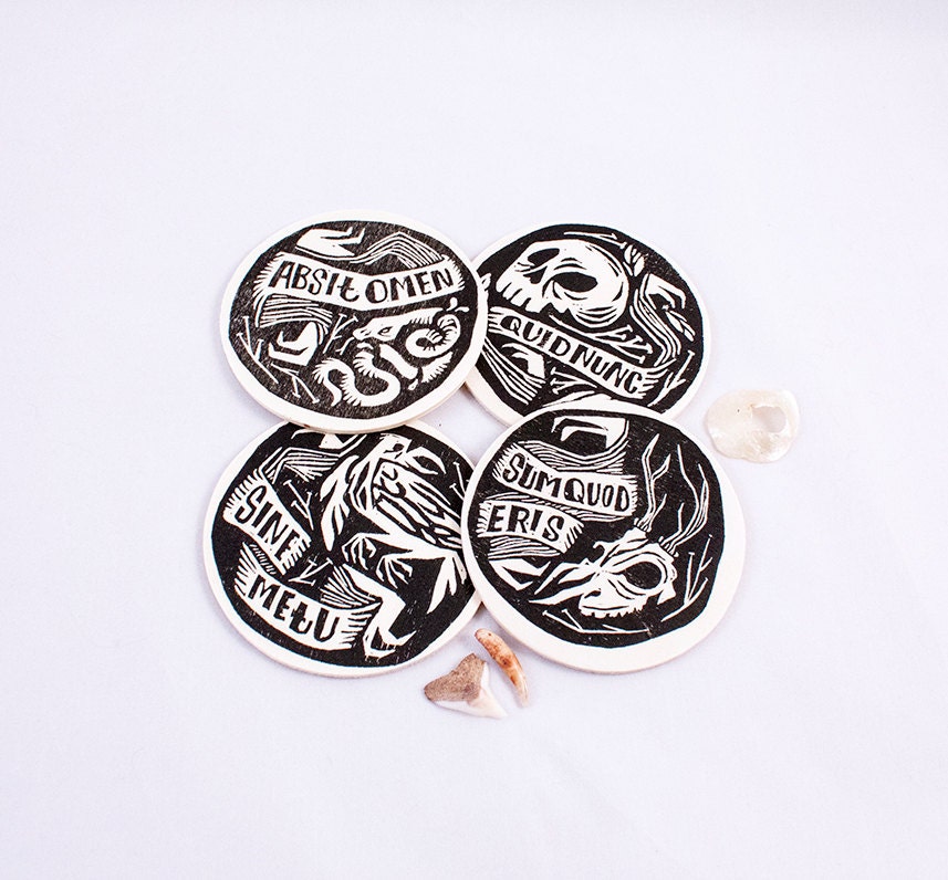 wise words - hand carved and stamped wooden coasters