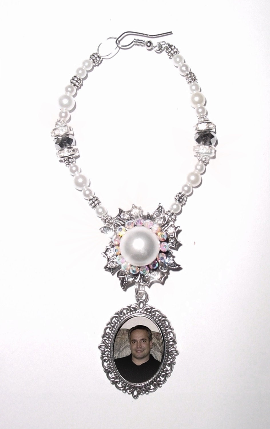 Wedding Bouquet Memorial Photo Old World Charm Crystal Gems Pearls Tibetan Beads - FREE SHIPPING
