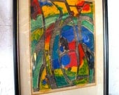Mid Century Modern Abstract  Woodblock Print Painting 1960s Art,  Eames Era / AP signed