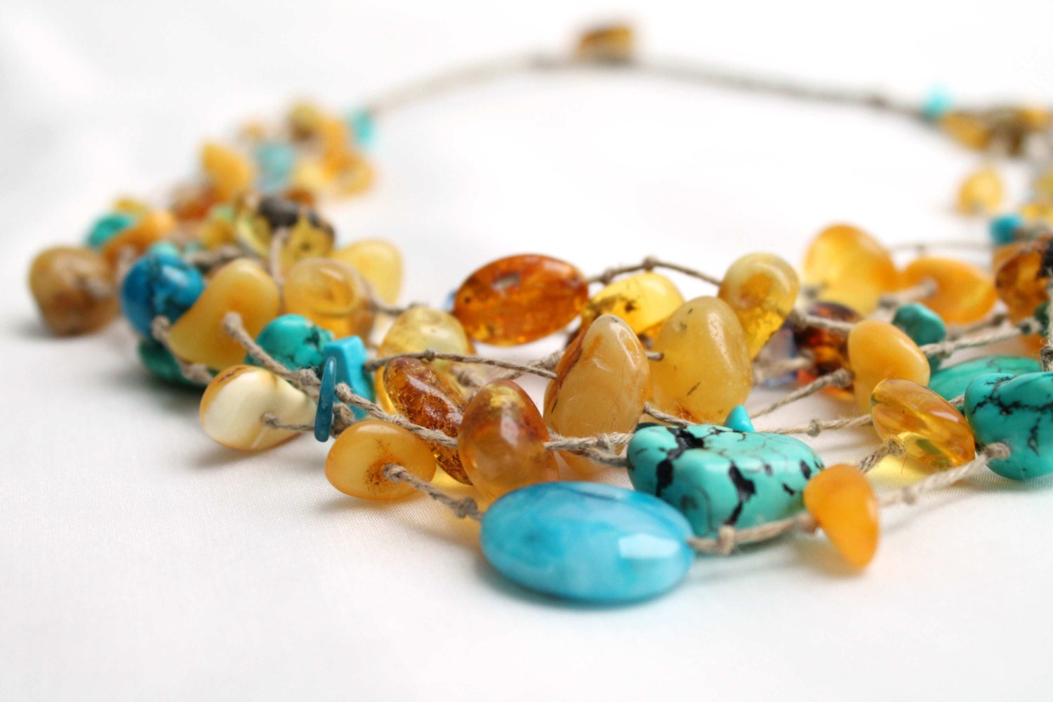 Multi Strand Necklace Yellow Sky Blue Teal Turquoise Jewelry Beach Style Necklace Blue Honey Baltic Amber Sea Finds Summer Fashion Jewelry
