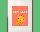Custom Giraffe Art Print in Coral, Blue, or Green- 8 x 10 or 5 x 7