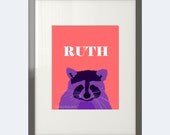 Personalized Raccoon Print in Pink, Green, or Gold - 8 x 10 or 5 x 7
