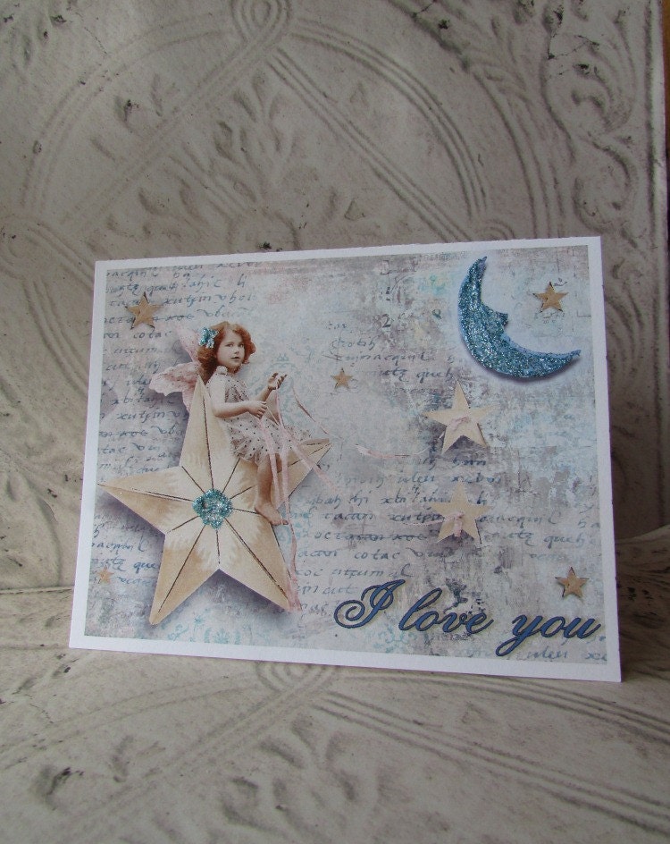 Love You Collage Card  - Altered Art - I Love You to the Moon and Back Card - 1 Vintage-Inspired LoveCard