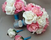 Real Touch Rose Rhinestones Wedding Flower Package Real Touch Roses Pink & White Bridal Maid of Honor Bouquets Groom Best Man Boutonniere