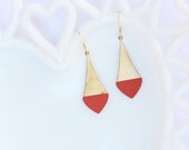 Pointed Bright Coral Color Dipped Brass Dangle Earrings