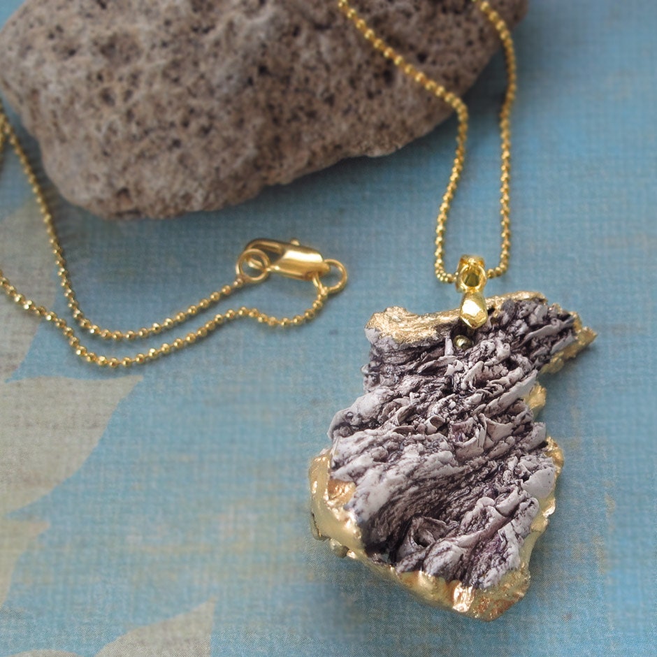 Porcelain Fossil Necklace, Geode Ceramic Gold Nugget, Natural History JEWELRY Handmade Pendant and Gold Chain Necklace gift minimalist