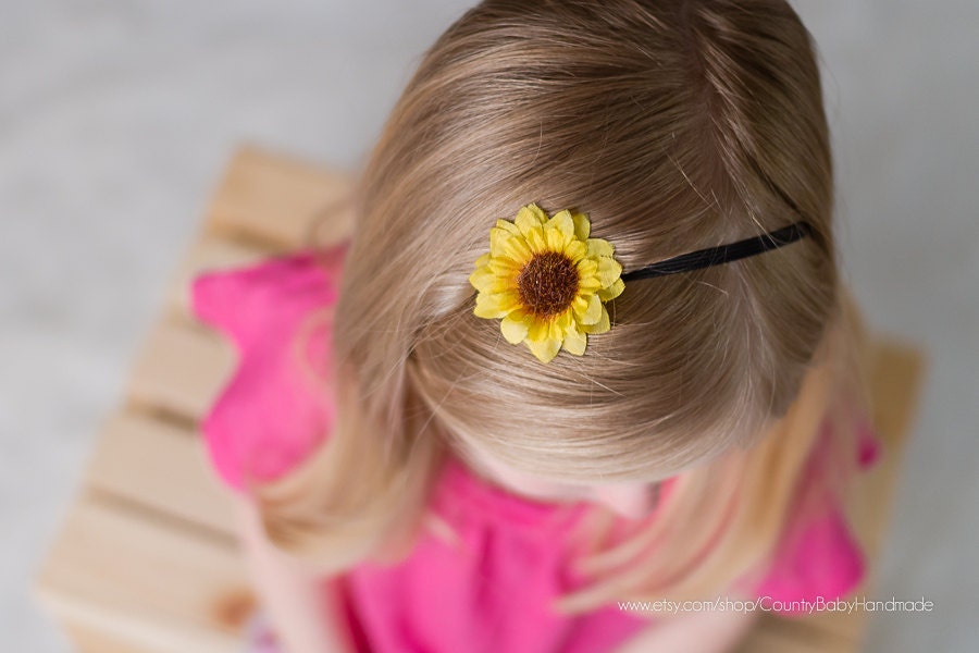 Mini Sunflower on a Thin Black Elastic Head Band