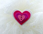 Heart Brooch, Pin, Button Embellished, Valentines Day, Pink, White, Love