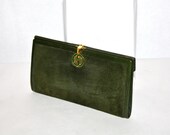 Vintage GUCCI Wallet Green Suede Leather Monogram Enamel Coin Clutch