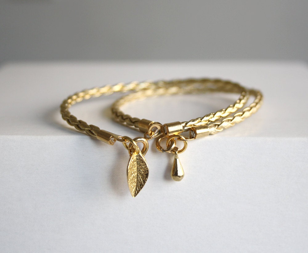 Braided charm bracelets, Gold braid bracelet with leaf or tear drop charm, in gold silver or black