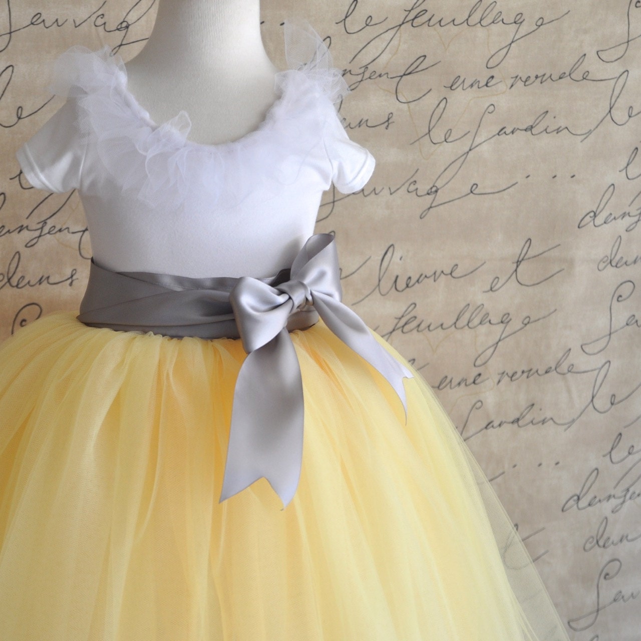Yellow  and grey Flower Girl tutu. Custom blend of three shades of yellow. Flower clip option.