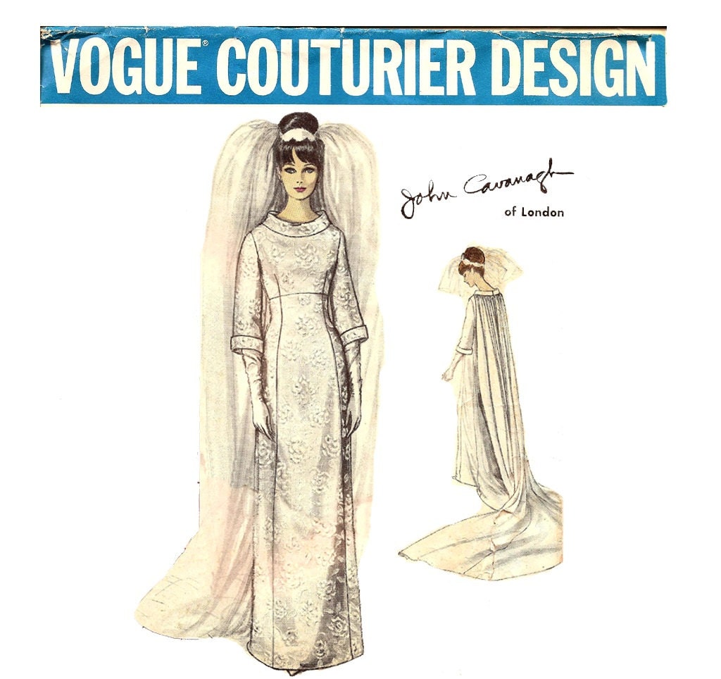 1960s Vogue Couturier Design 1347 Designer Wedding Dress Pattern with Original Label - John Cavanagh Dress with Train - Bust 32