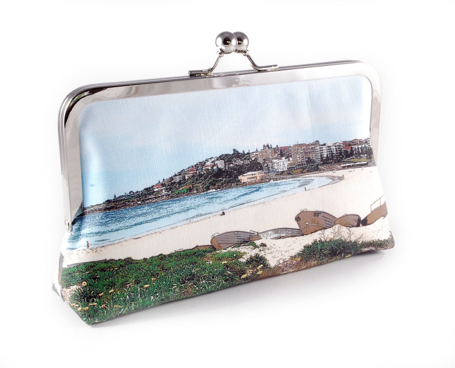 Clutch purse with Coogee Beach landscape and 8 inch frame