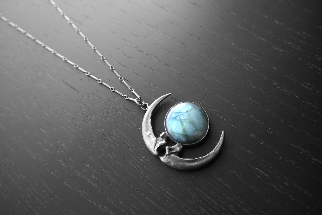 Lunar Eclipse Pendant with Raven Talon Crescent Moon and Labradorite OOAK