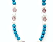Turquoise Rose Pendant Necklace Earrings Set 109 - Pink Beads Pearls Gold Carved Gift Sale Victorian Art Deco Nouveau Downton Abbey Jewelry