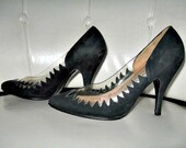 Norma Kamali Vintage High Heels Shoes 1980s Black Suede Spikes Jagged Edges Stilettos Pin Up with Clear Plastic Zig Zag Flames  6