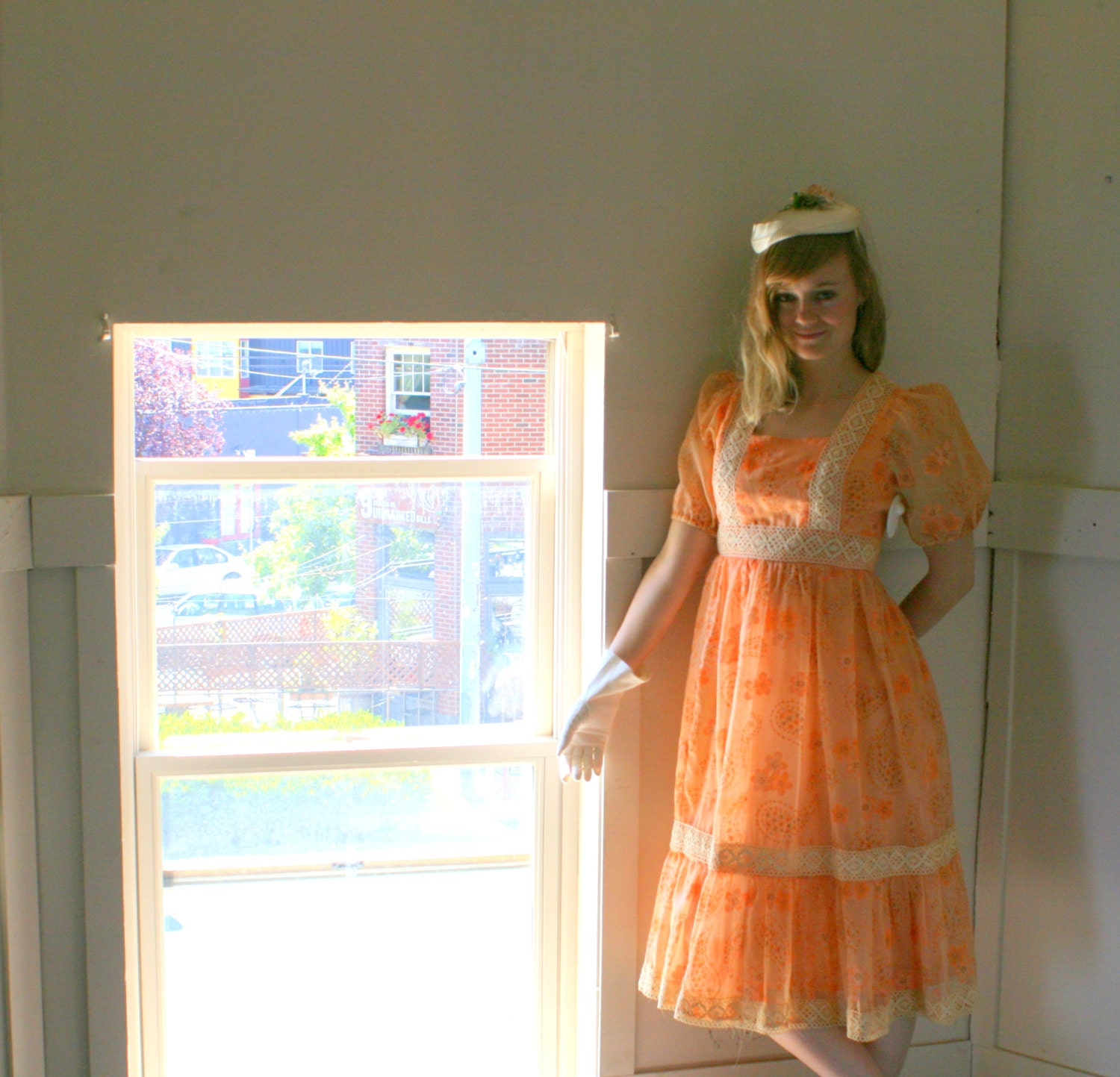 Vintage 1970's Peach Floral Pioneer Women's Dress