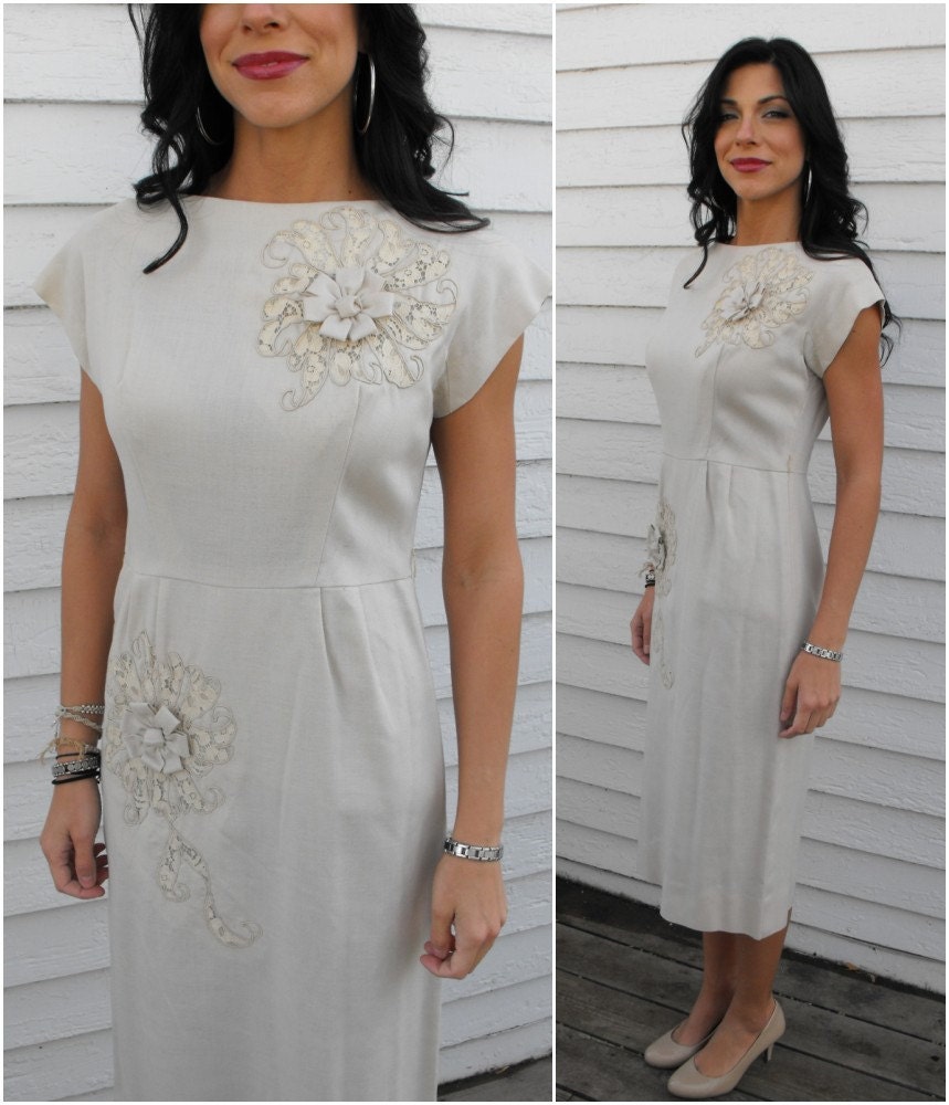 Vintage 60s Dress Linen Lace Wiggle Bombshell Mad Men Franklin S M
