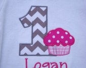 Girls' First Birthday Chevron Stripe and Cupcake Short Sleeve Onesie
