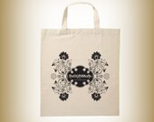 Calico shopping bag - eco friendly tote - short handles - unbleached cotton - black ink floral illustration - sugar skull - flowers - vines.