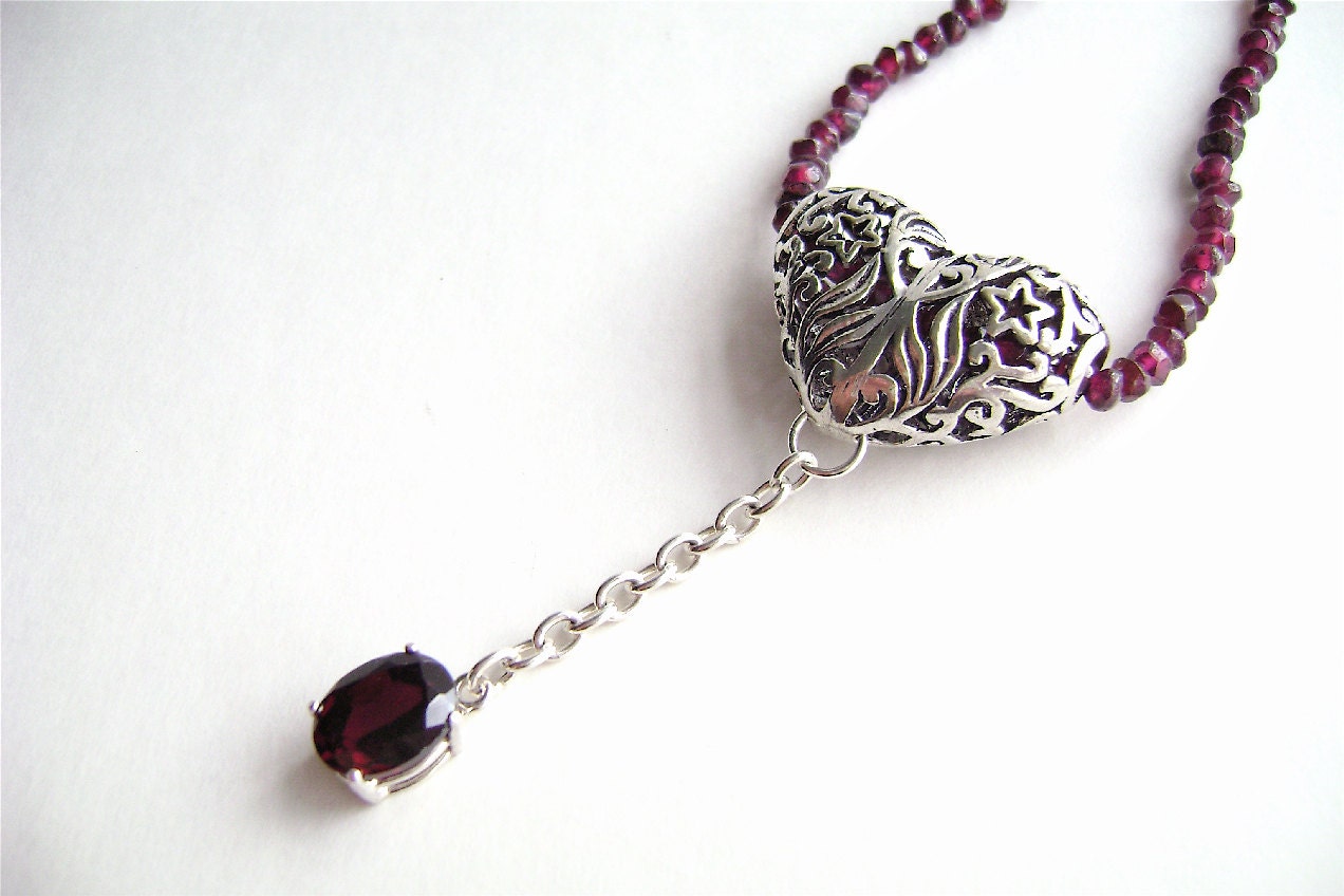 Garnet Necklace, Sterling Silver, Gemstone Jewelry, Filigree Heart, Birthstone, Garnet Drop, Wine, Merlot, Burgundy, Romantic, 473