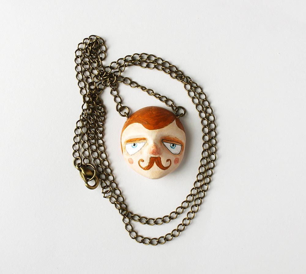 Lord James - English moustache man necklace- Old fashioned French gentleman face wearable art  by Sweet Bestiary