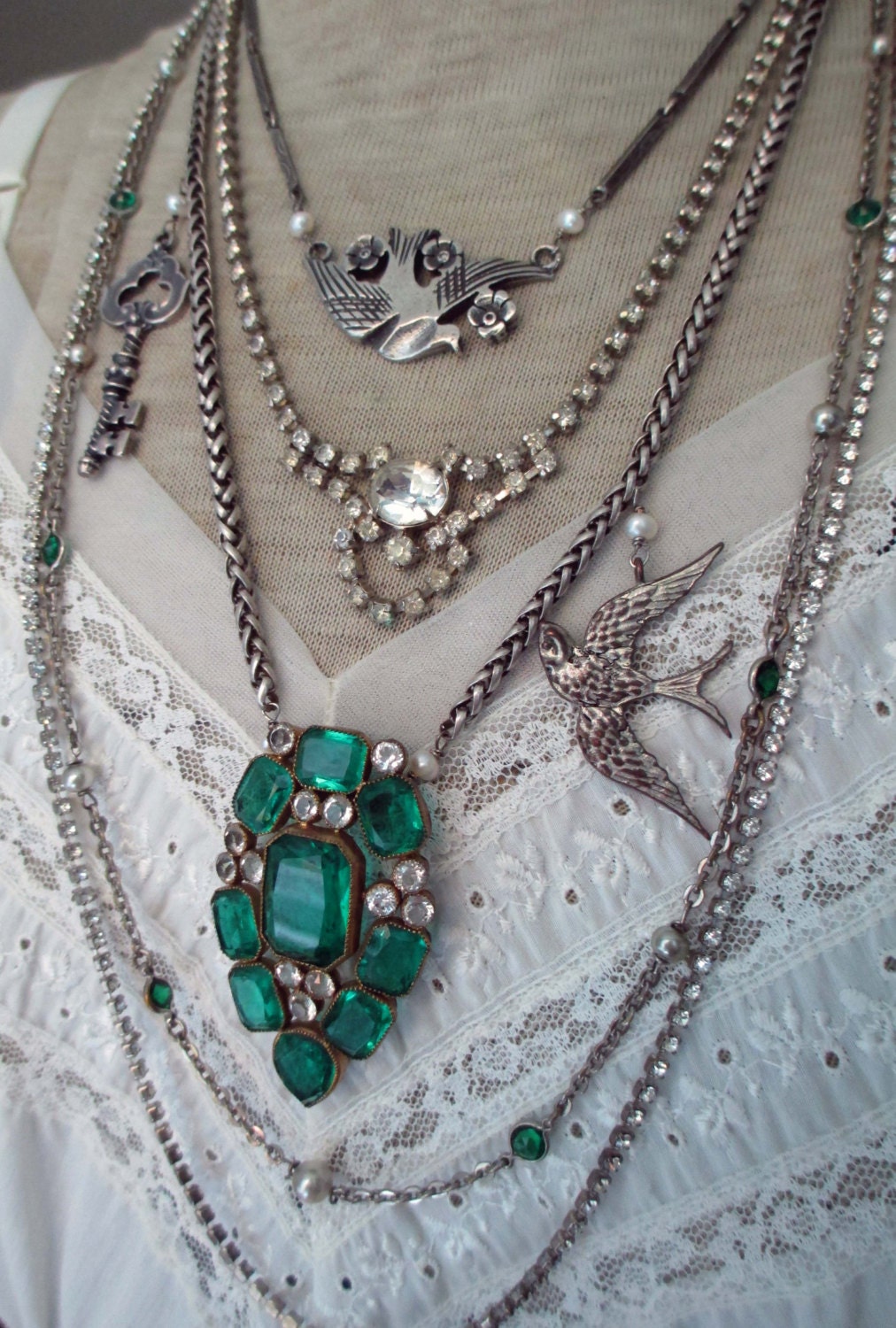 emerald flight - vintage assemblage necklace with rhinestone dress clip, bird pendants and chains by the french circus