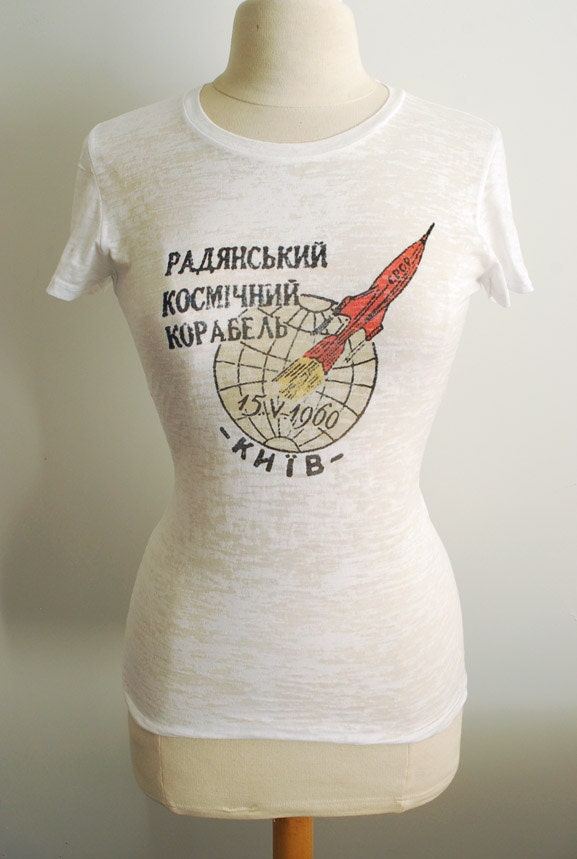 Sputnik IV Launch T-Shirt  -  Soviet Space Race - Graphic Printed White Burnout Tee - Women's sizes