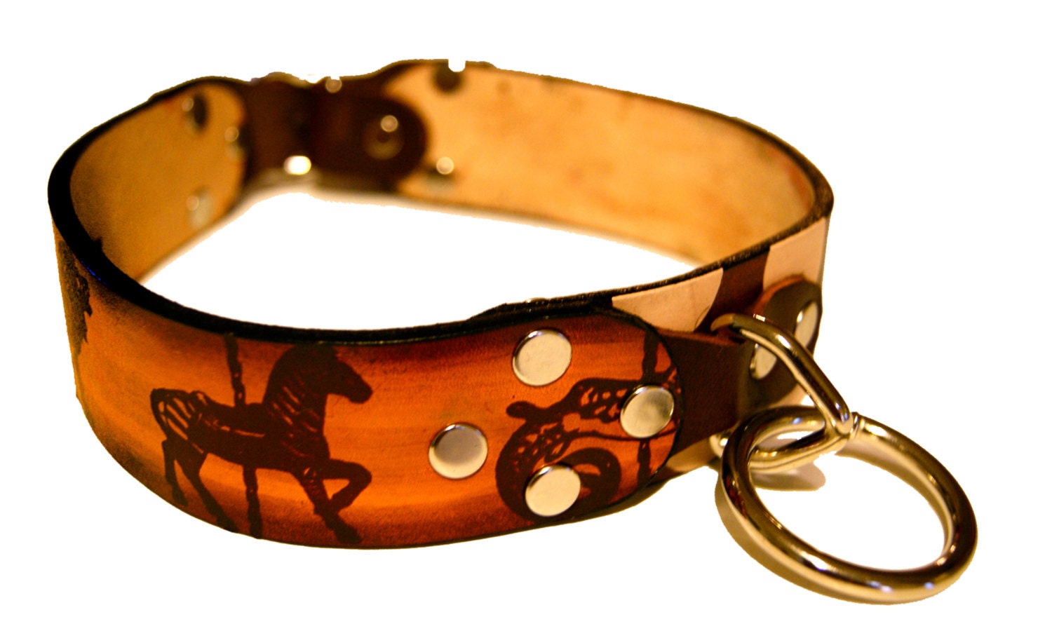 Circus Dog Collar Handmade Leather Screenprinted w Carousel Animals and Polka Dots