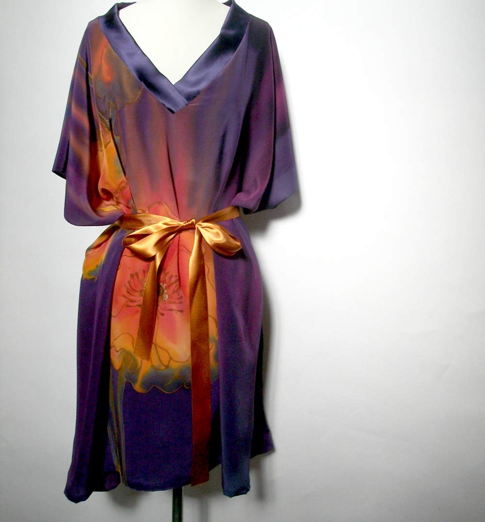 Dress Hand Painted  Purple Crepe Silk  Formal Casual From Wedding To The Beach Floral Elegant Summer by TanjaDesign on etsy