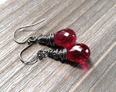 Red Quartz Earrings,  Wire Wrapped in Sterling Silver, Ruby Red Dangle Earrings