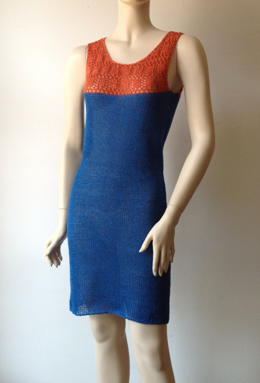 Sleeveless knitted linen dress "DEW", orange-blue
